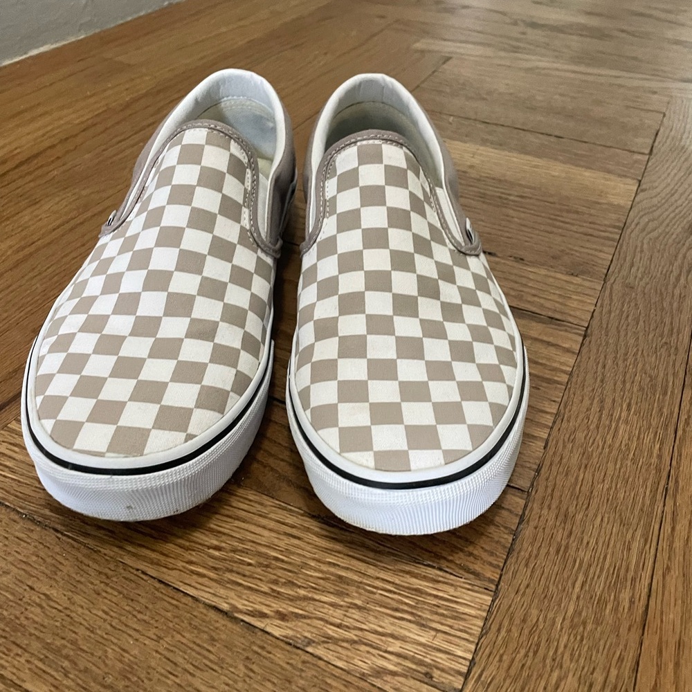 Vans Tan and White Checkerboard Slip-On Sneakers Iconic Canvas Design